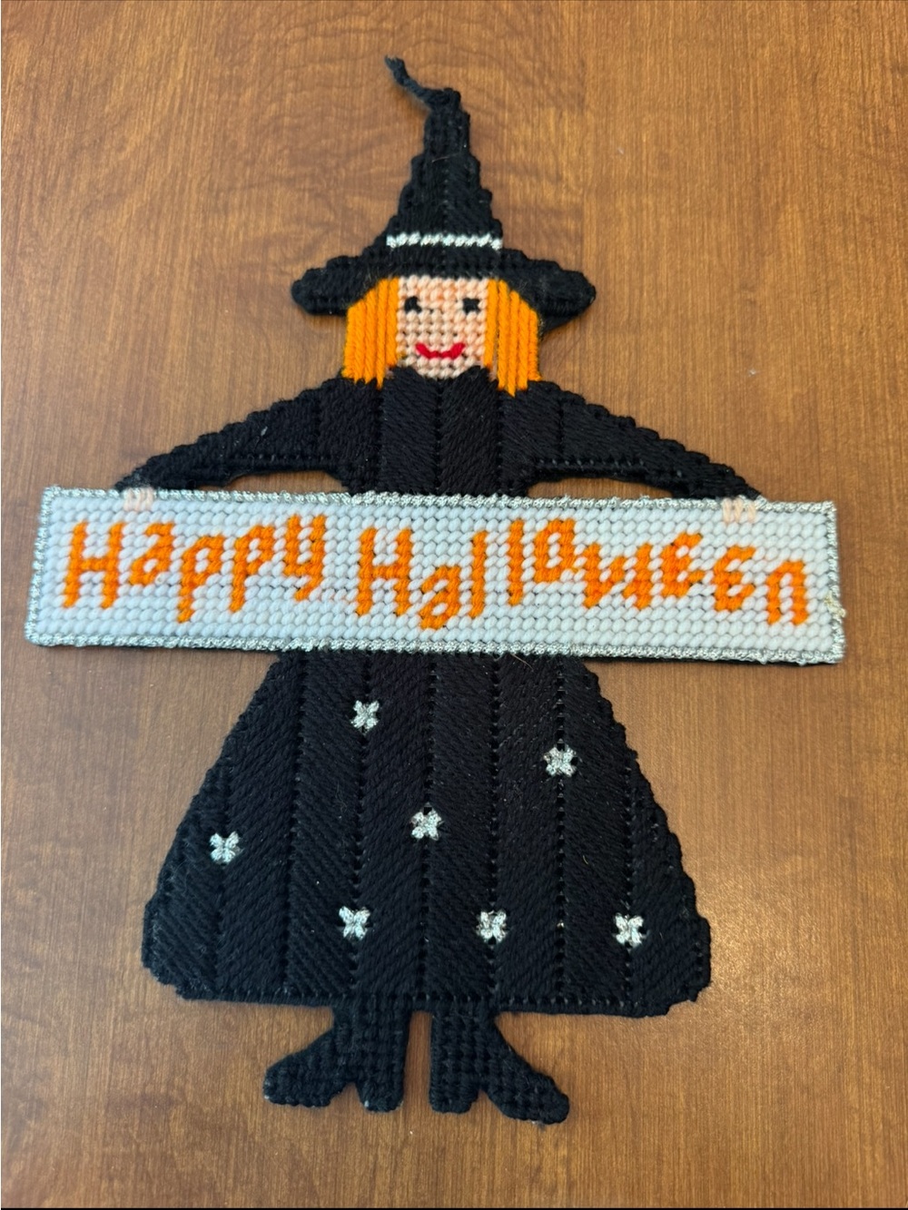 Halloween Witch Wall Hanging Needlepoint Decoration - Black and Orange